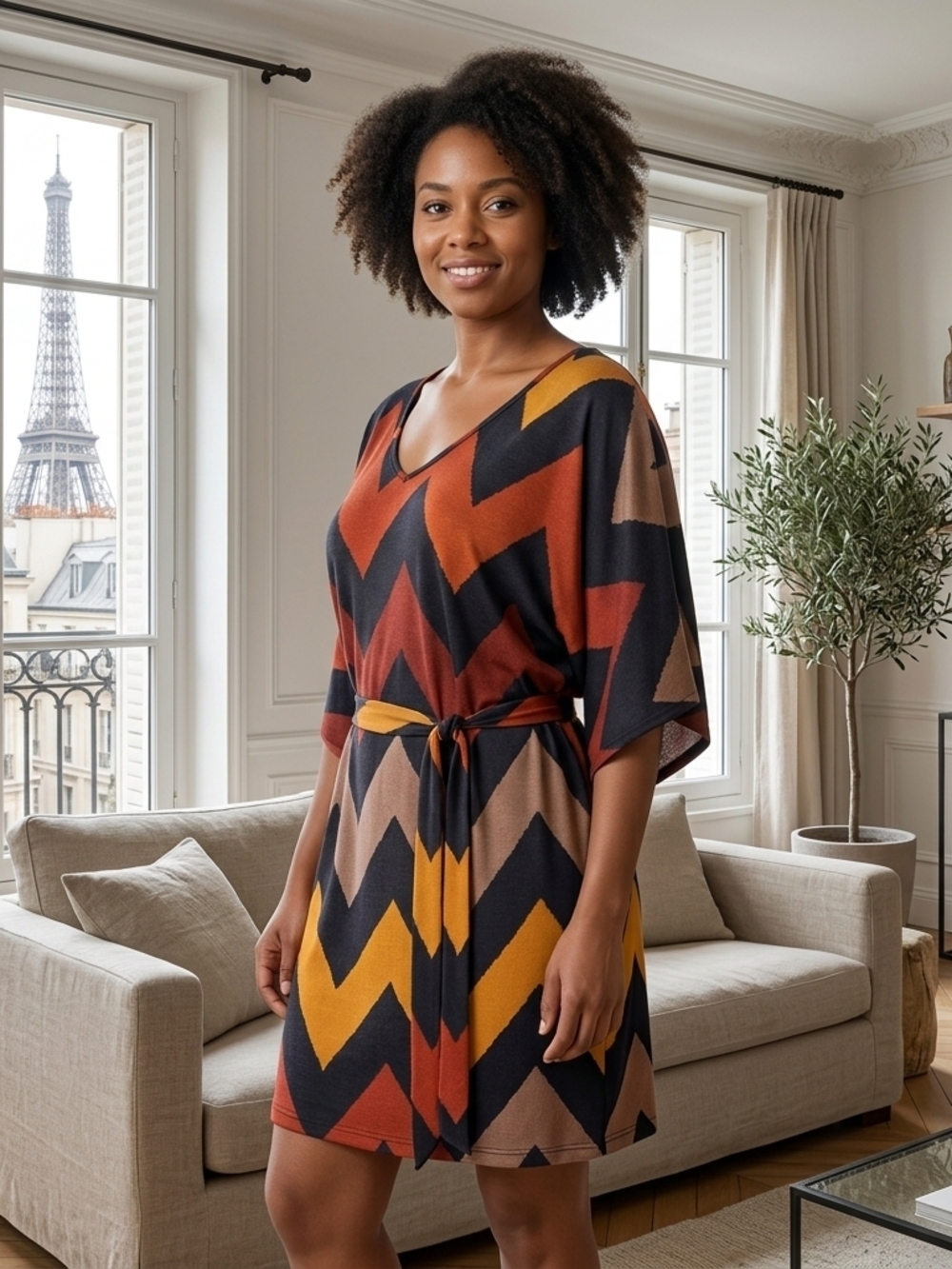 Yahada Chevron Knit Tunic Dress in Black, Rust, Mustard & Tan